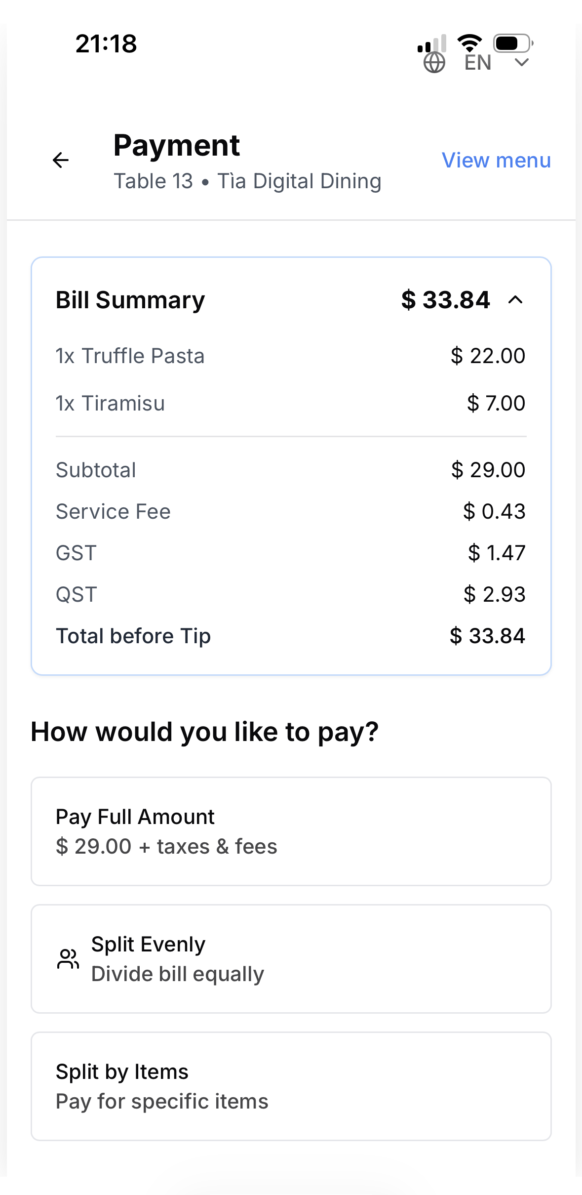 Tìa payment and split options screen